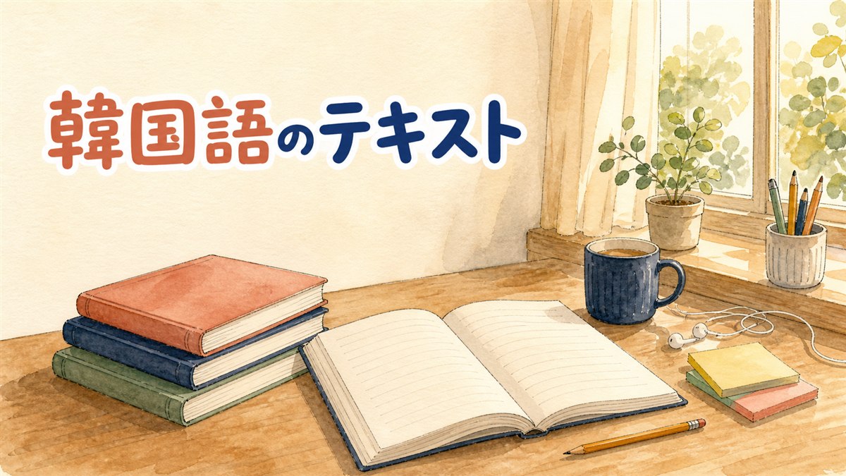 机の上に韓国語の学習テキストとノートが並んでいる学習机の写真