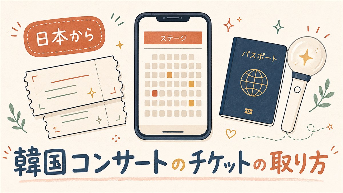 韓国コンサートのチケットの取り方を表すイラスト。「日本から」のラベル、チケット2枚、カレンダーを映すスマートフォン、パスポート、マイクを並べ、日本から予約準備を整えるイメージを描いている。