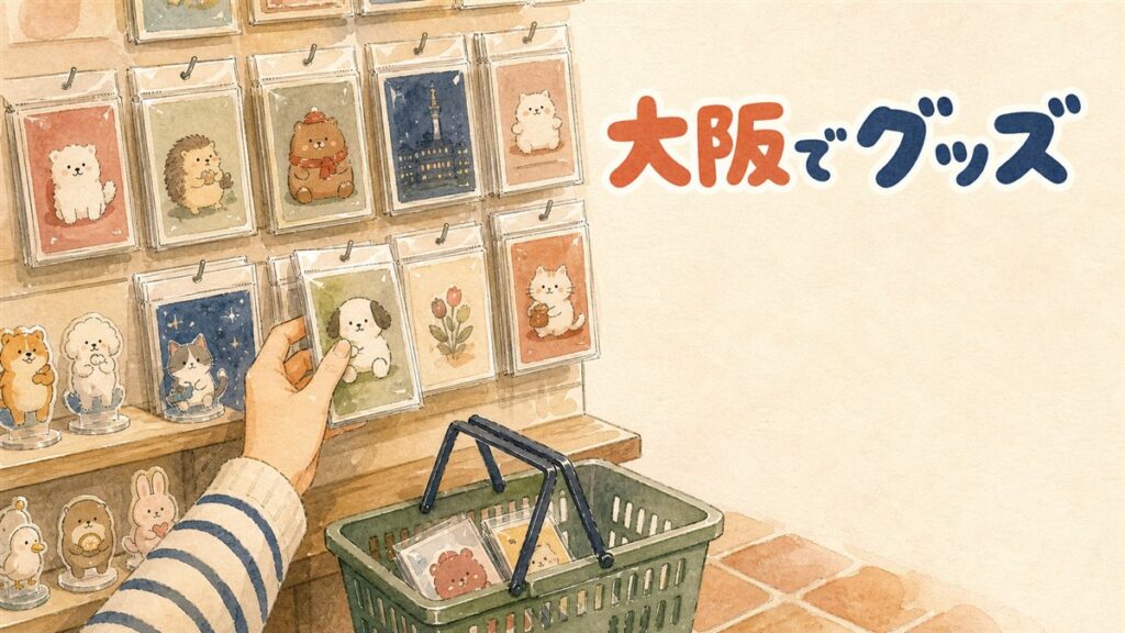 大阪鶴橋の生野コリアタウンでK-POPグッズを選ぶ買い物客のイラスト