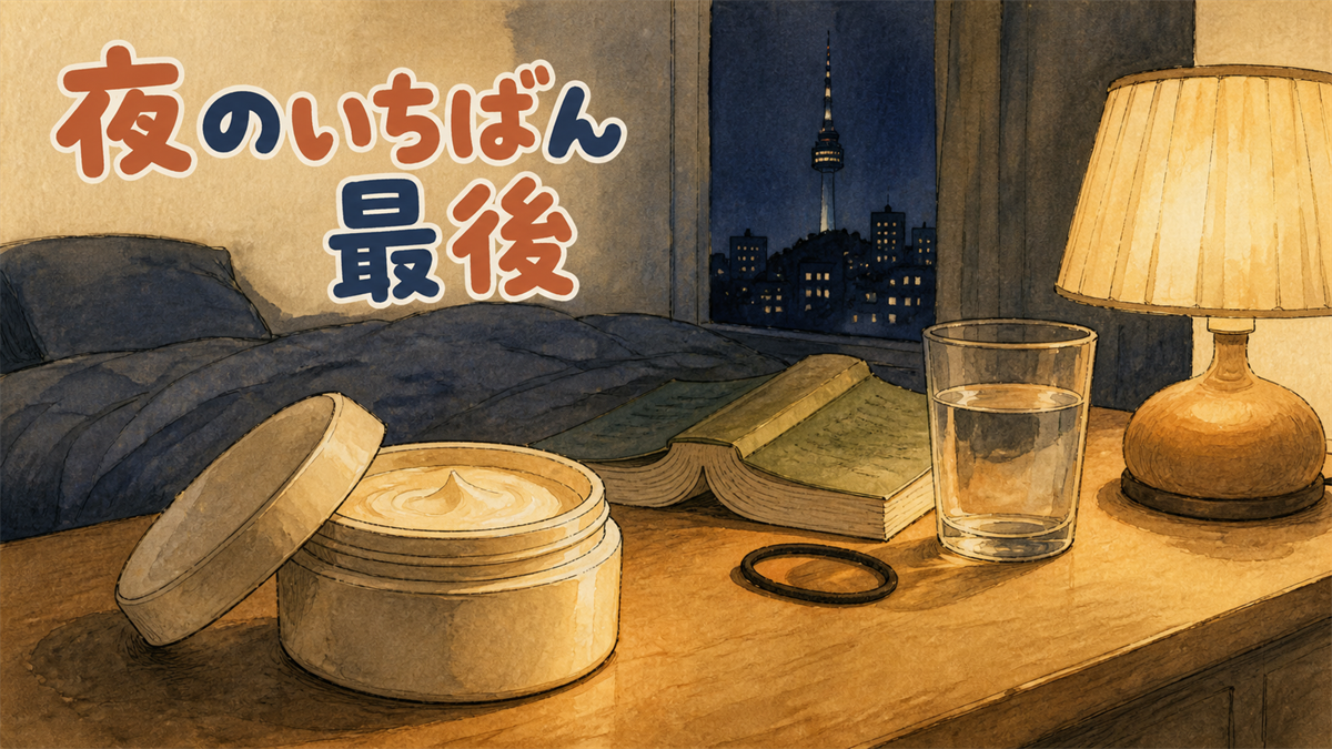 ベッドサイドの小さな丸いジャーとスタンドの灯り。夜のスキンケアの最後を表したイラスト