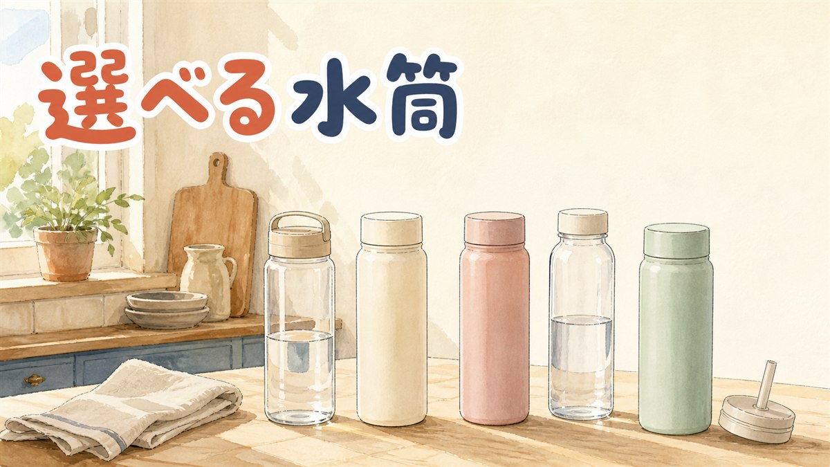 朝の窓辺のキッチンカウンターに並ぶ、無地の水筒5本。透明のクリアボトル2本と、クリーム・ピンク・ミントのステンレスタンブラー3本。手前にストロー付きのふたとたたんだ布
