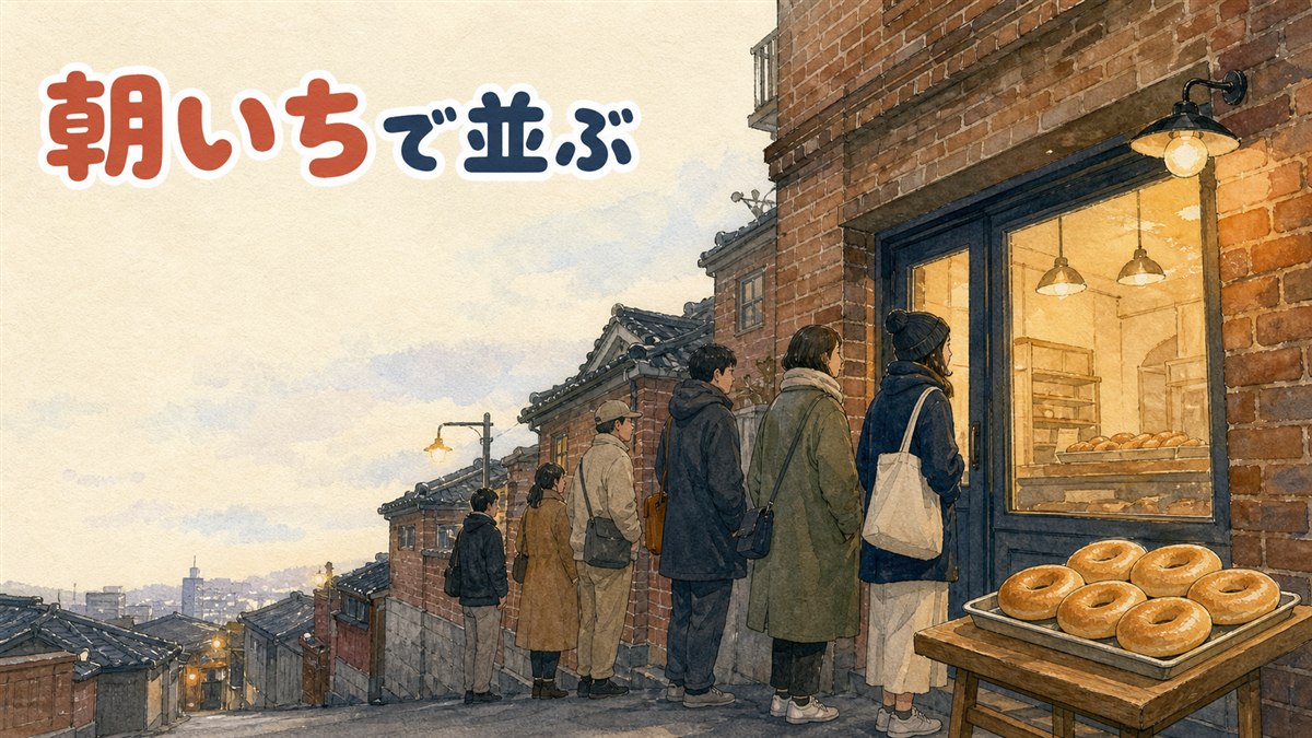 ロンドンベーグルミュージアム安国店の前で開店前から並ぶ人々のイメージ