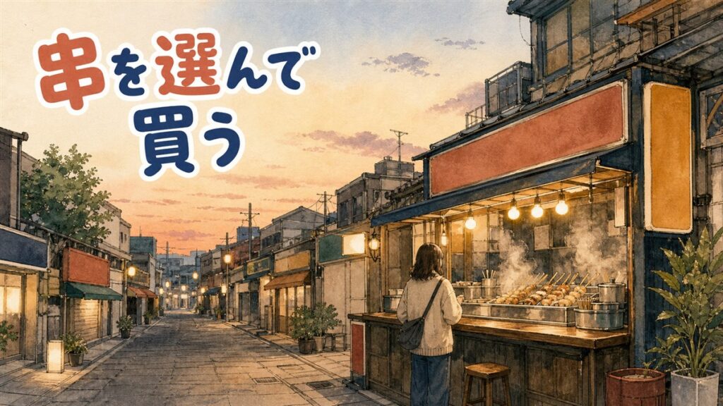 串に刺さった具材を麻辣ソースで揚げた麻辣串（マーラーチャン）のイメージ