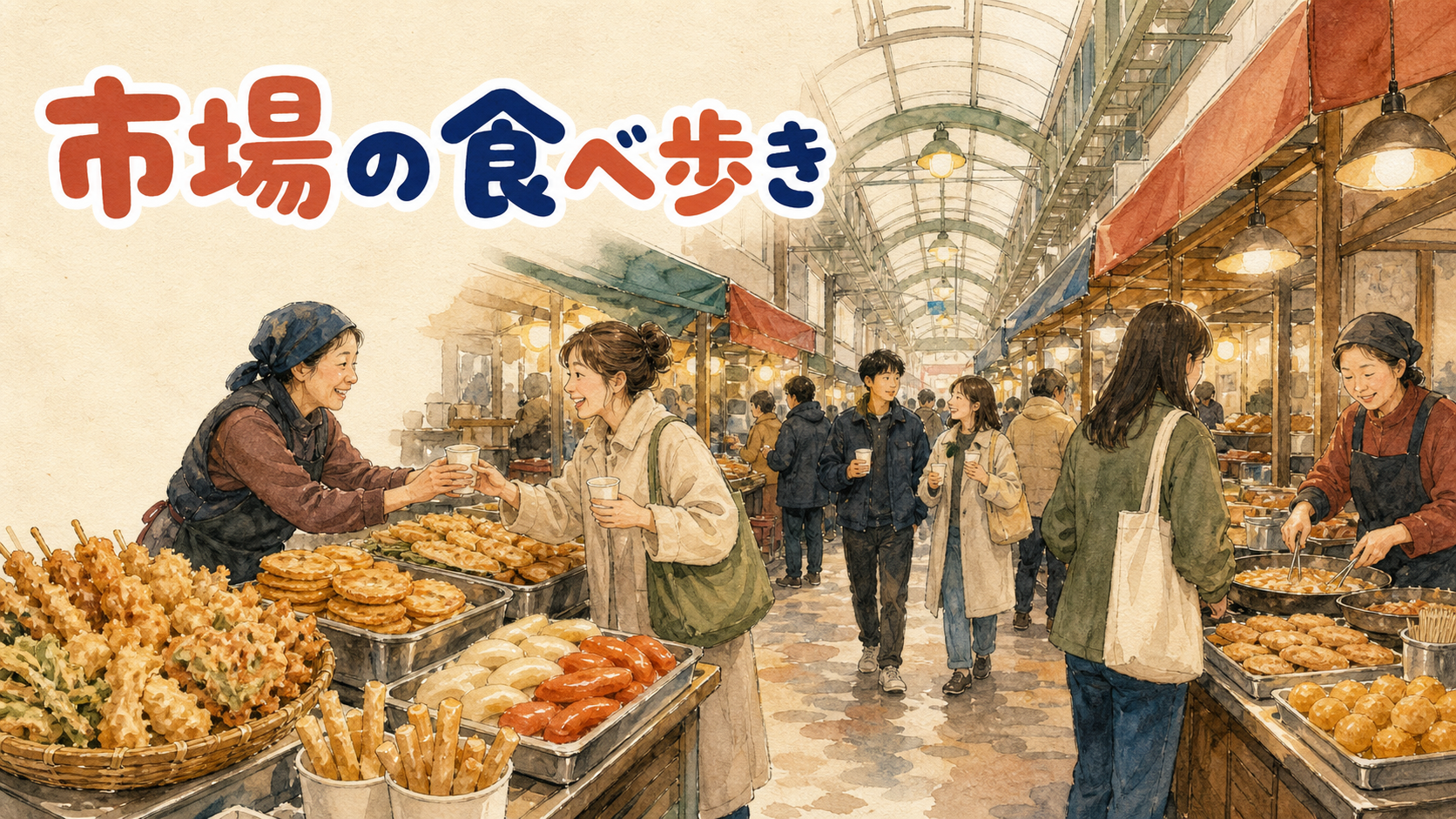 望遠市場のアーケード商店街で食べ歩きをする人々の情景