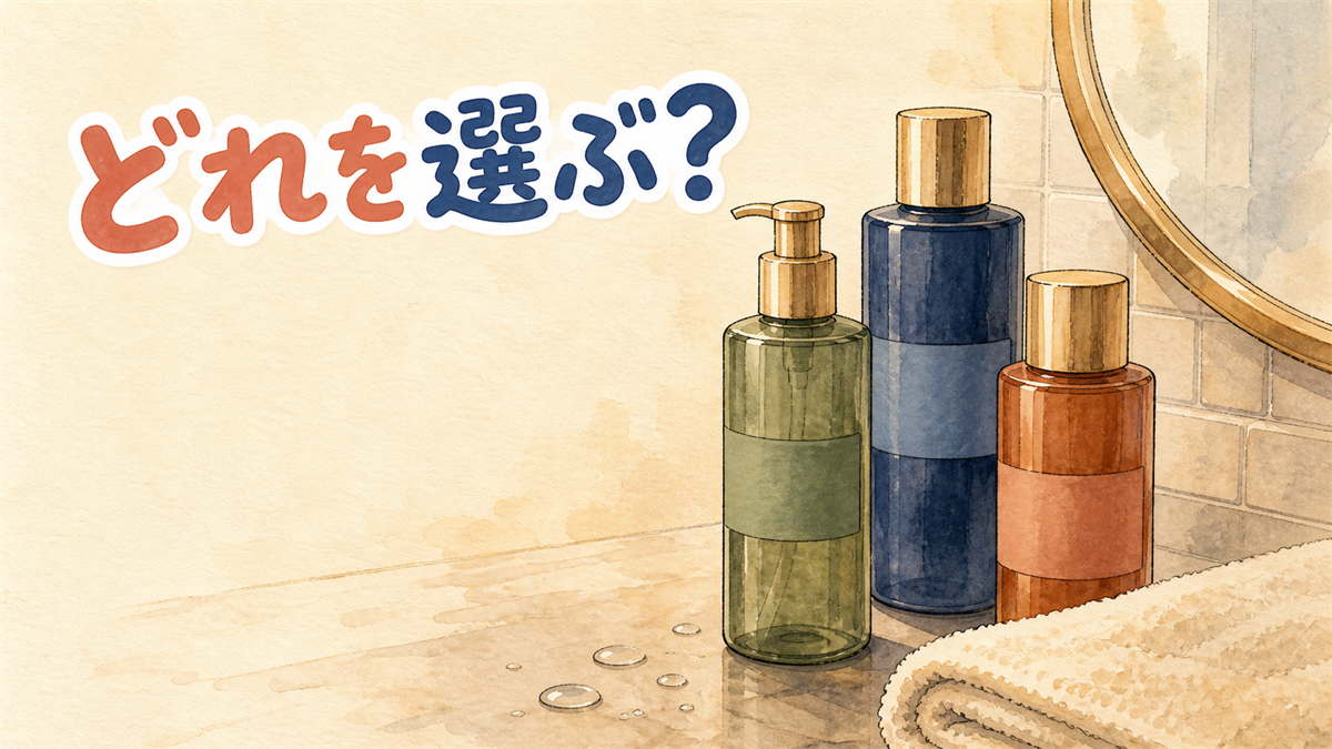 洗面台に大きさの違うクレンジングオイルのボトルが3本、前後にずらして並んでいるイラスト