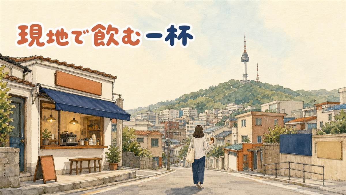 韓国の街角に並ぶ大きなロゴ看板のコーヒースタンドと、大きなカップを手にした客の様子