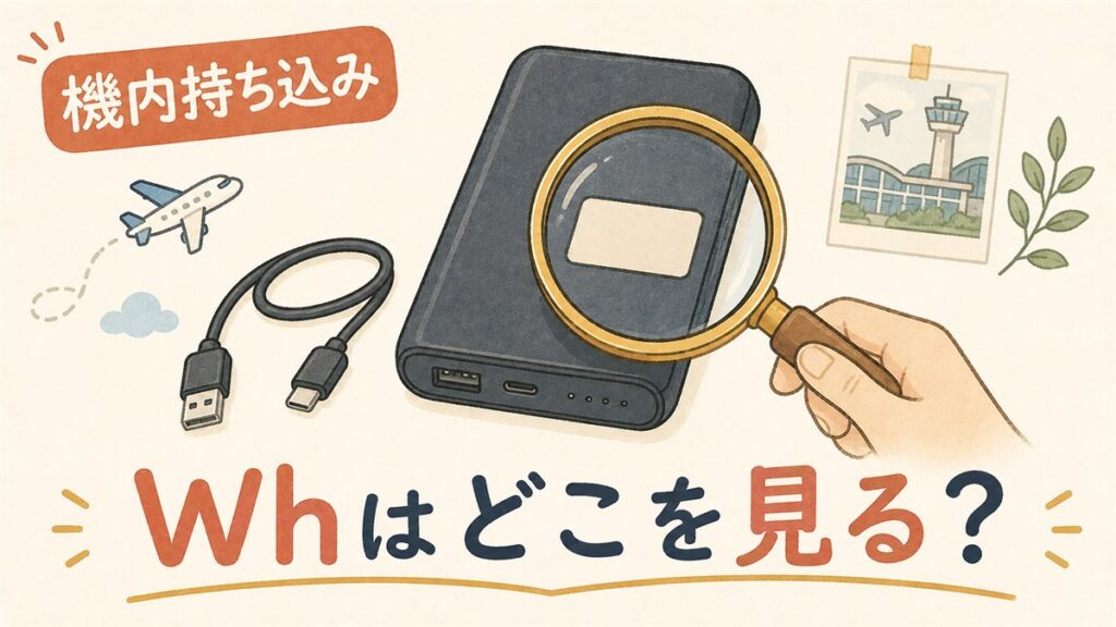 モバイルバッテリー本体の側面ラベルに印字されたWh表記と定格電圧を確認しているイメージ
