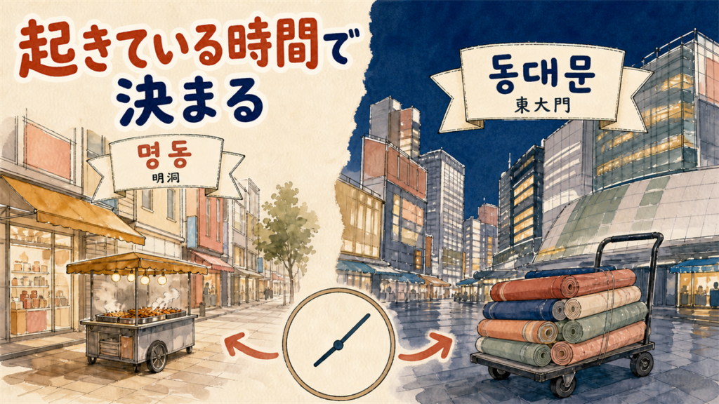 明洞と東大門どっちに泊まる｜買い物の種類と活動時間と空港アクセスで決める判定チェックリスト のアイキャッチ画像