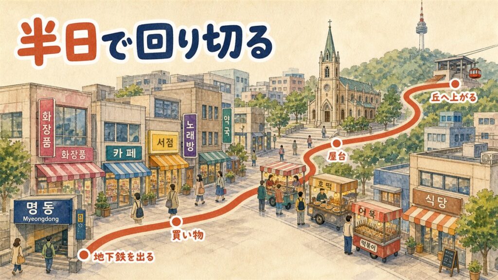 明洞の街を俯瞰し、地下鉄の出口から買い物・屋台を通って丘のタワーまで一本の道が輪を描いてつながっている順路の図