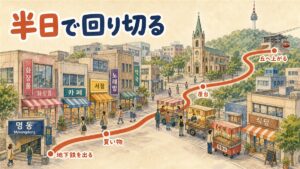 明洞の街を俯瞰し、地下鉄の出口から買い物・屋台を通って丘のタワーまで一本の道が輪を描いてつながっている順路の図