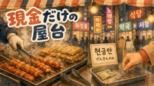 明洞の夜の屋台。左に湯気の立つ鉄板、右の会計台に小銭のトレイと現金のみと書かれた札が置かれている様子