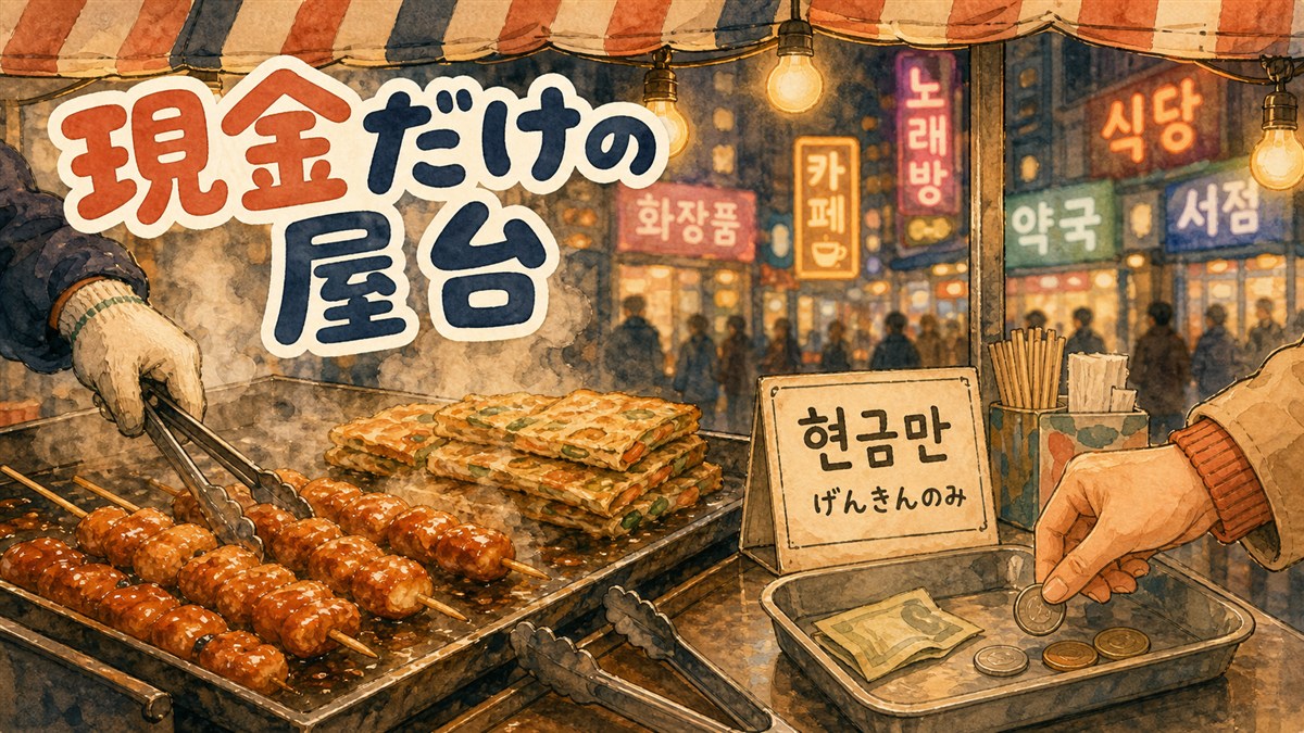 明洞の夜の屋台。左に湯気の立つ鉄板、右の会計台に小銭のトレイと現金のみと書かれた札が置かれている様子