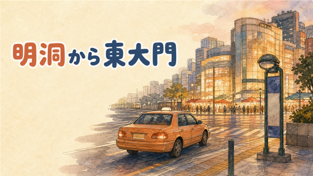 明洞から東大門への移動のイメージ。夕方の街角にバス停の標識とタクシーがあり、奥に市場のビルが灯っている水彩イラスト