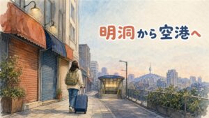 明洞の早朝、キャリーケースを引いて地下鉄駅へ向かう場面