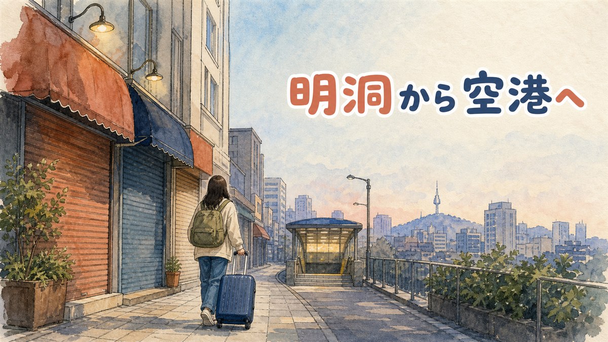 明洞の早朝、キャリーケースを引いて地下鉄駅へ向かう場面