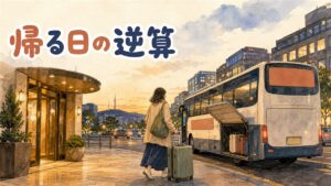 明洞のホテル前でスーツケースを持ち、空港リムジンバスを待つ旅行者の夕方の情景
