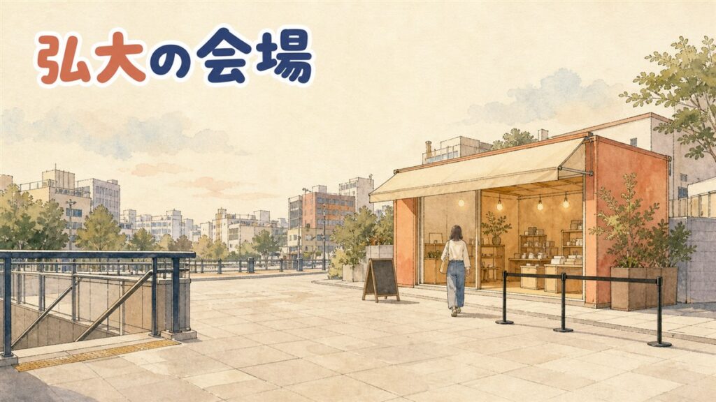 地下鉄の出入口のそばにある小さなポップアップショップの外観を、通りをはさんで引きで見た水彩の情景