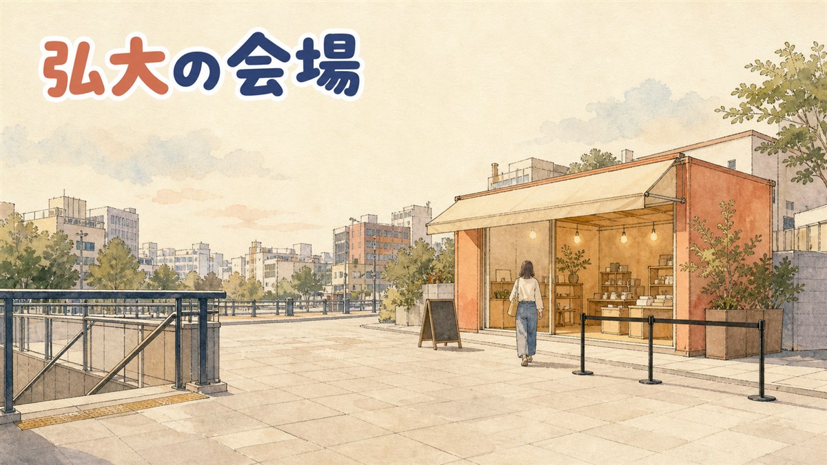 地下鉄の出入口のそばにある小さなポップアップショップの外観を、通りをはさんで引きで見た水彩の情景