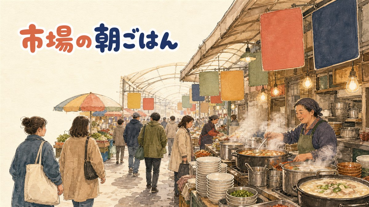 南大門市場のカルグクス横丁で湯気の立つ食堂が軒を連ねる朝の様子