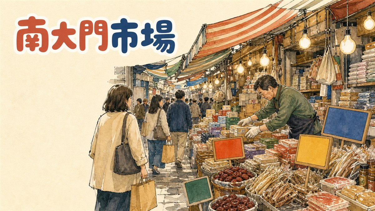 南大門市場の入り口で色とりどりの商品が並ぶ屋台と買い物客の行き交う様子