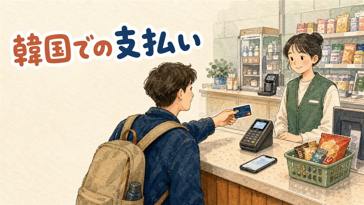 スマートフォンとクレジットカードを手にした旅行者がソウルの街角で決済方法に迷っている様子