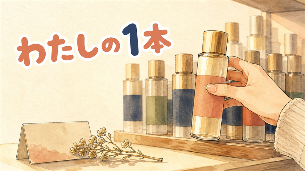 棚に並ぶ美容液のボトルの中から、1本だけ手前に取り出されているイラスト