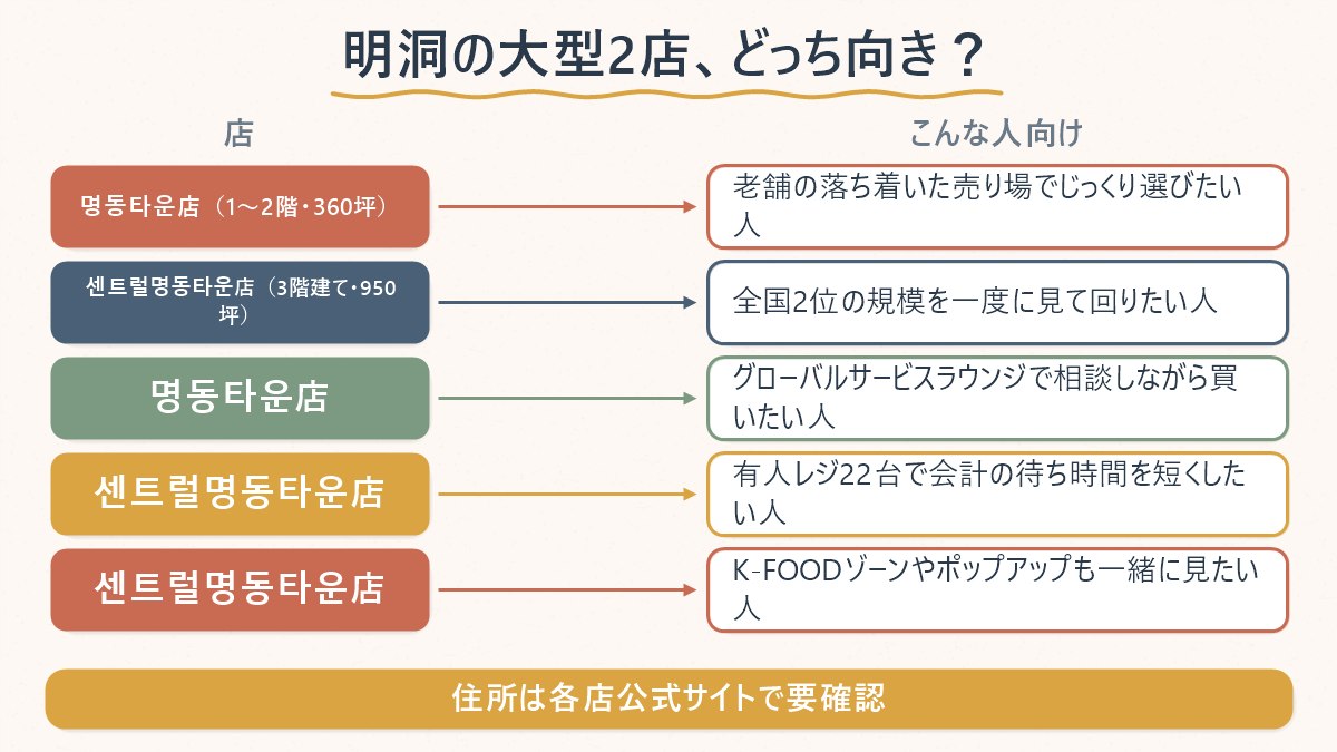 明洞の大型オリーブヤング2店、どちらのタイプの旅行者に向いているかを対応させた図