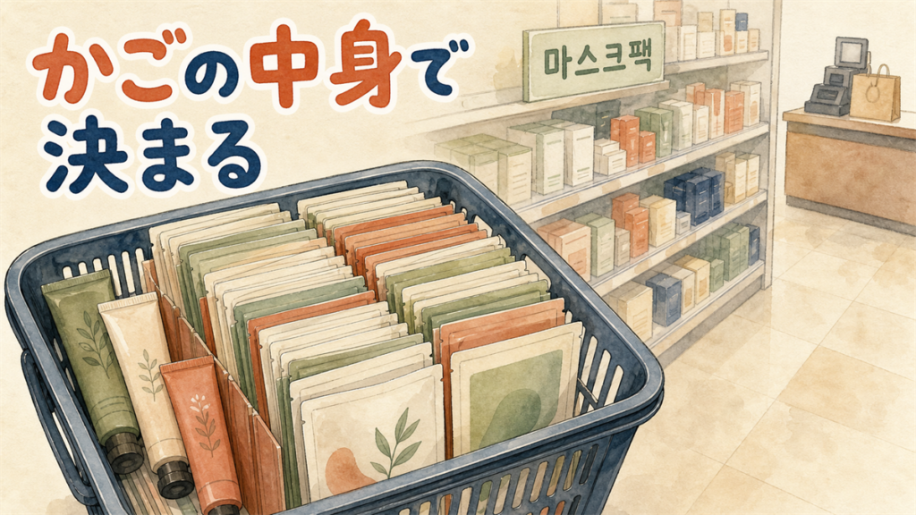オリーブヤングのバラマキ土産の記事のアイキャッチ。買い物かごに個包装のシートマスクがぎっしり立てて詰められている店内のイラスト