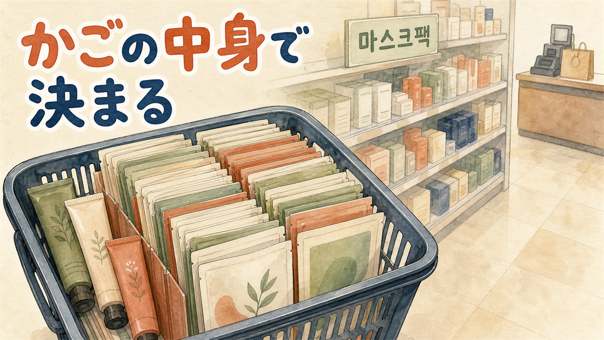 オリーブヤングのバラマキ土産の記事のアイキャッチ。買い物かごに個包装のシートマスクがぎっしり立てて詰められている店内のイラスト
