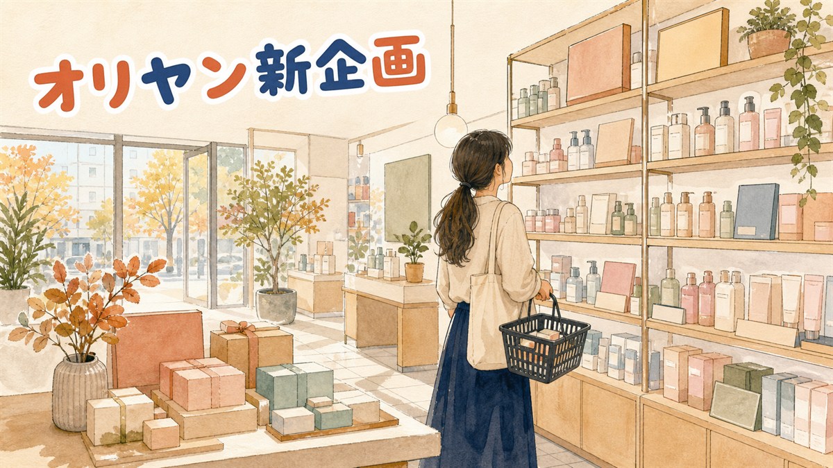 オリーブヤングの店内で棚のコスメを見る女性のイラスト