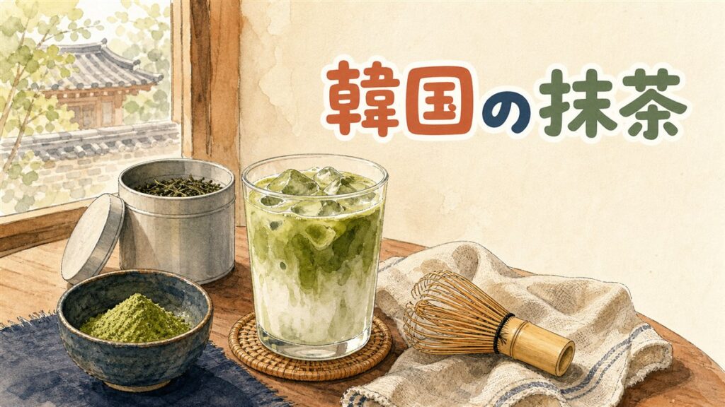 済州島の茶畑と抹茶パウダーが並ぶ落ち着いた情景