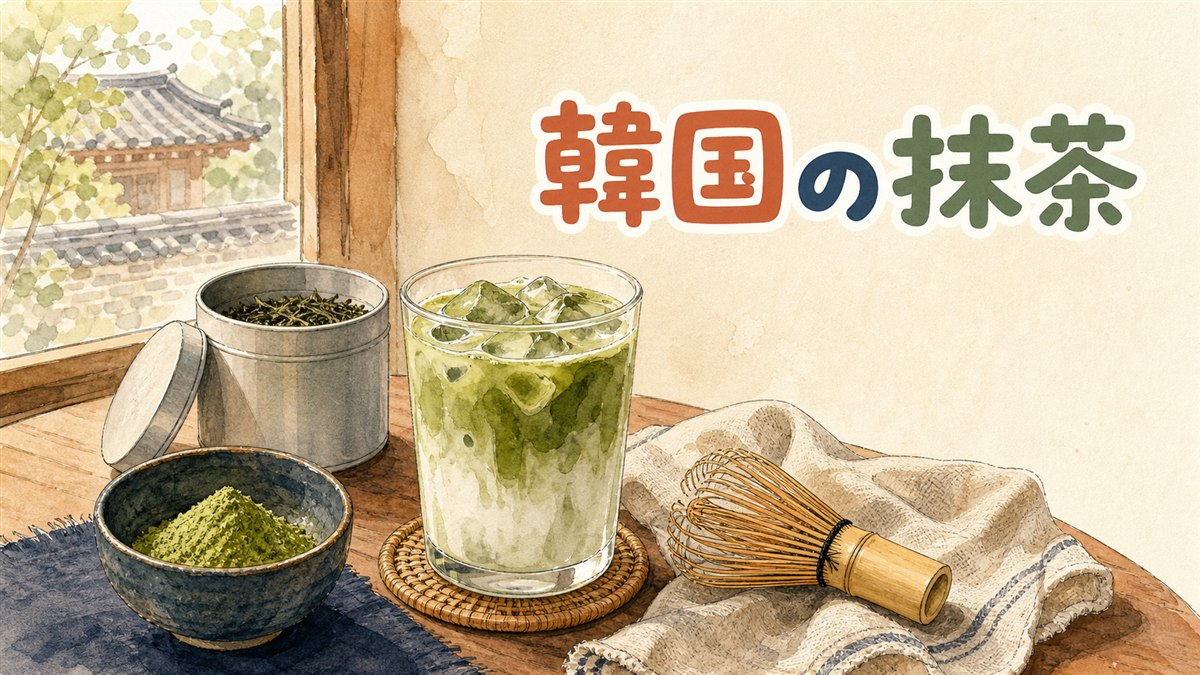 済州島の茶畑と抹茶パウダーが並ぶ落ち着いた情景