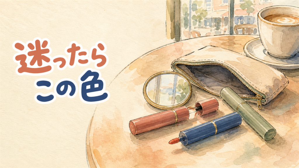 カフェのテーブルにポーチの中身を出し、色の違うリップティントが3本ばらばらの角度で置かれているイラスト