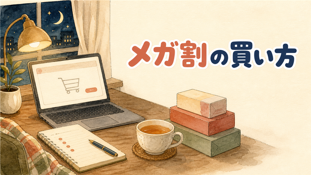 Qoo10のメガ割で韓国コスメを買うイメージ。夜の机でノートパソコンに買い物かごの画面を開き、コスメの箱が積まれている水彩イラスト