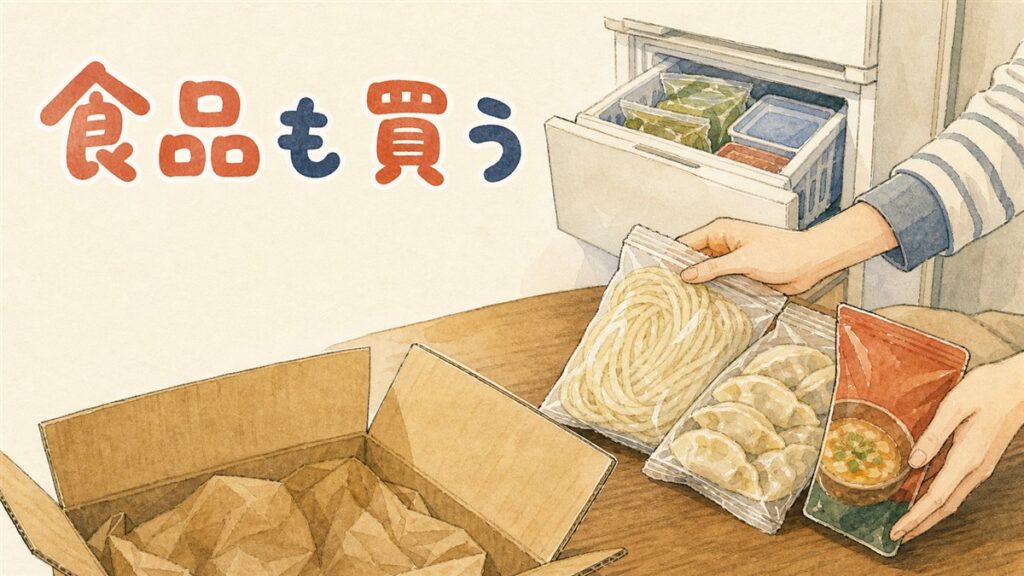 Qoo10のメガ割で買う韓国食品を、まとめ買い向きかどうかで選び分けるイメージ