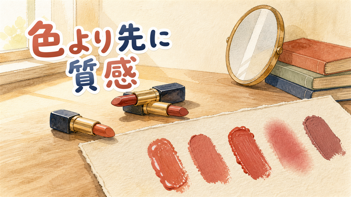 机の上に置かれた紙のリップスウォッチと3本のリップ。質感の違いが塗り分けられている