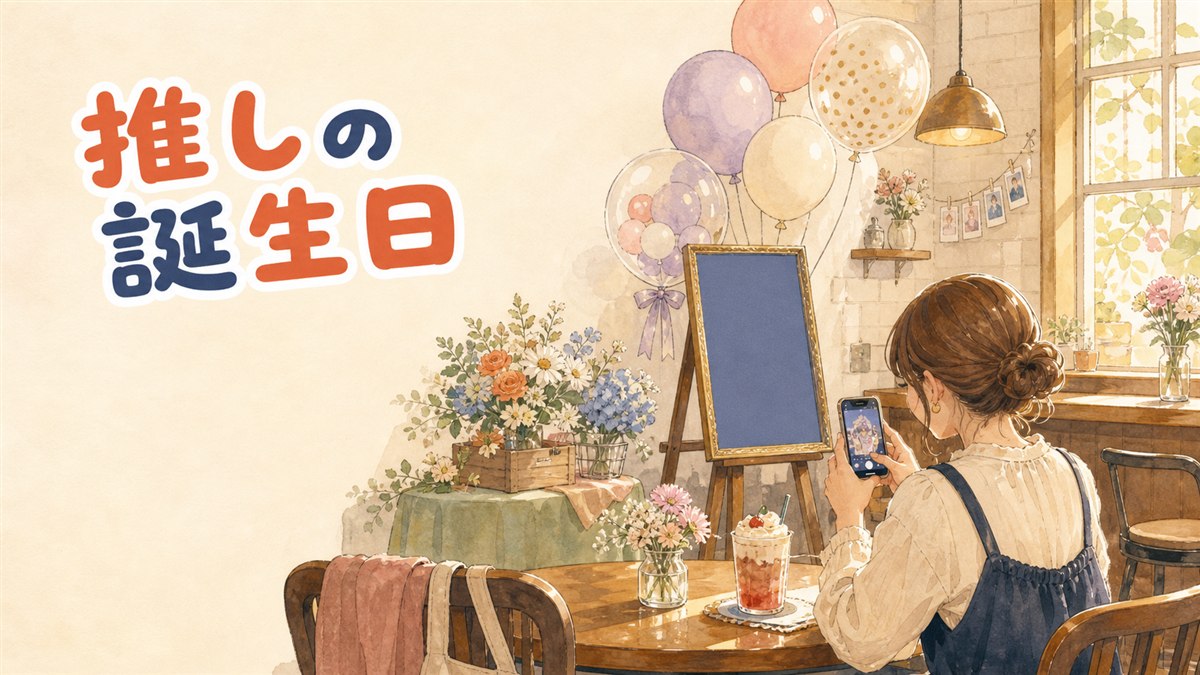 推しの誕生日を祝うファンが飾り付けたカフェの店内で、カップホルダー付きのドリンクとフォトカードを受け取る様子