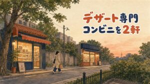 赤レンガ調の壁とテラス席がある聖水のデザート特化コンビニで、棚のスイーツを選ぶ若い女性客の情景