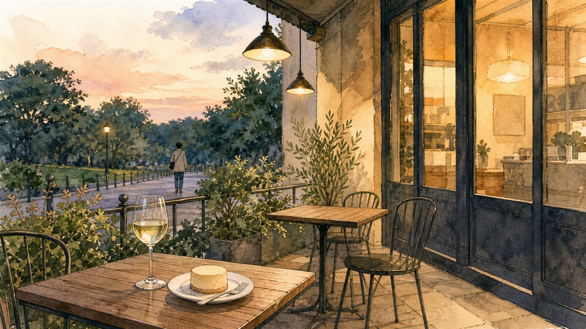 夕方のテラス席のテーブルに、白ワインのグラスと丸いチーズケーキの皿が置かれているイラスト