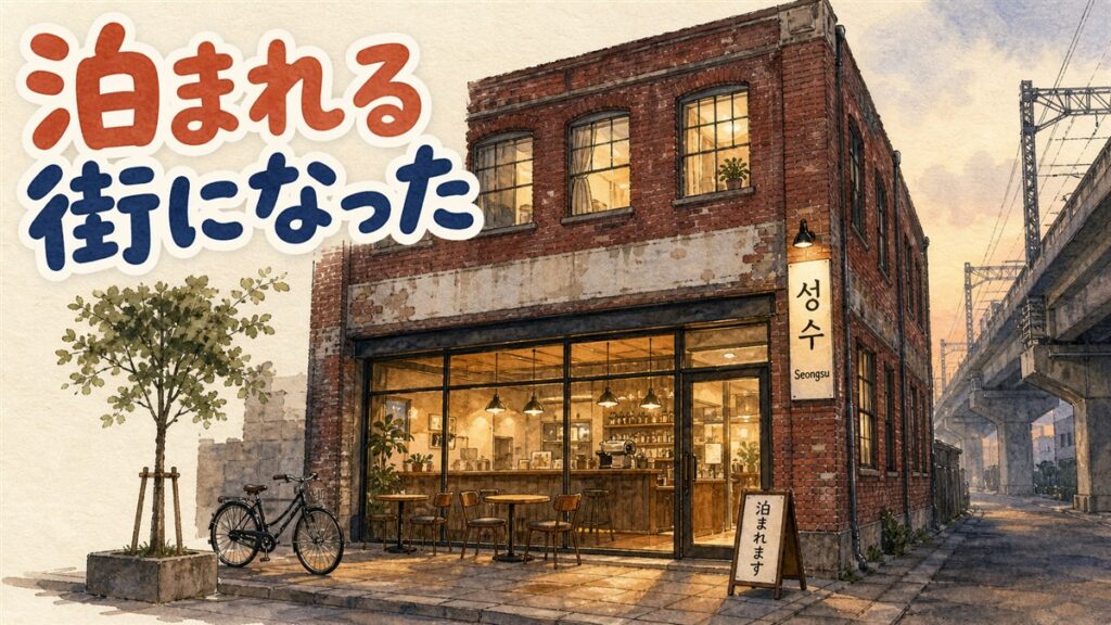 聖水洞の赤レンガの倉庫を改装した建物。1階はカフェの灯りがともり、上階の客室の窓にも明かりがついている夕暮れの様子