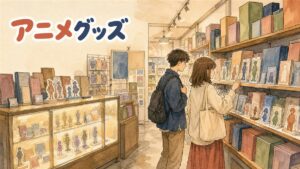 弘大のアニメグッズ専門店で棚に並んだフィギュアやグッズを眺める旅行者