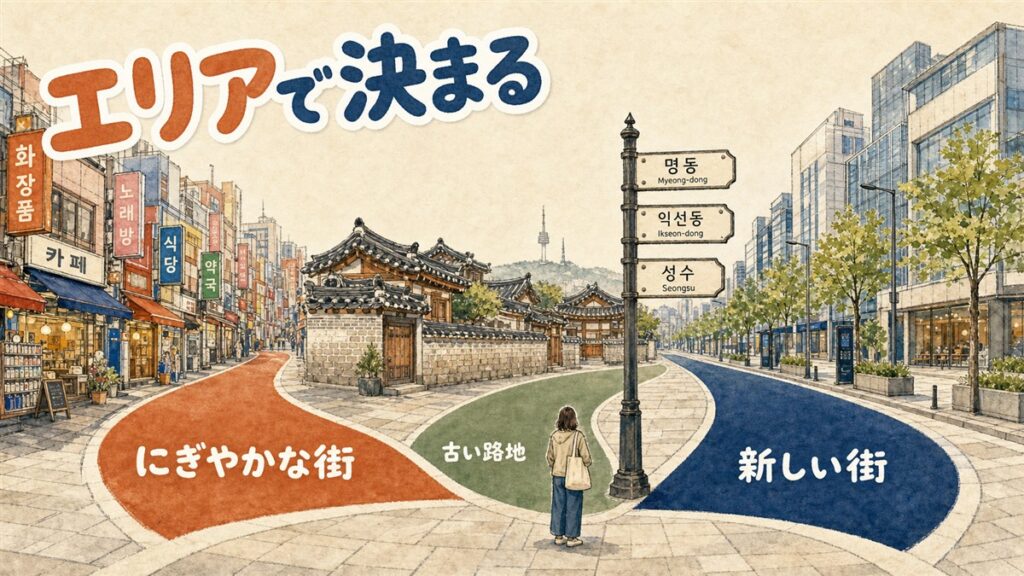 ソウルの交差点で歩道が3方向に分かれ、にぎやかな街・古い路地・新しい街それぞれの街並みへ続いている様子。標識に明洞・益善洞・聖水と書かれている