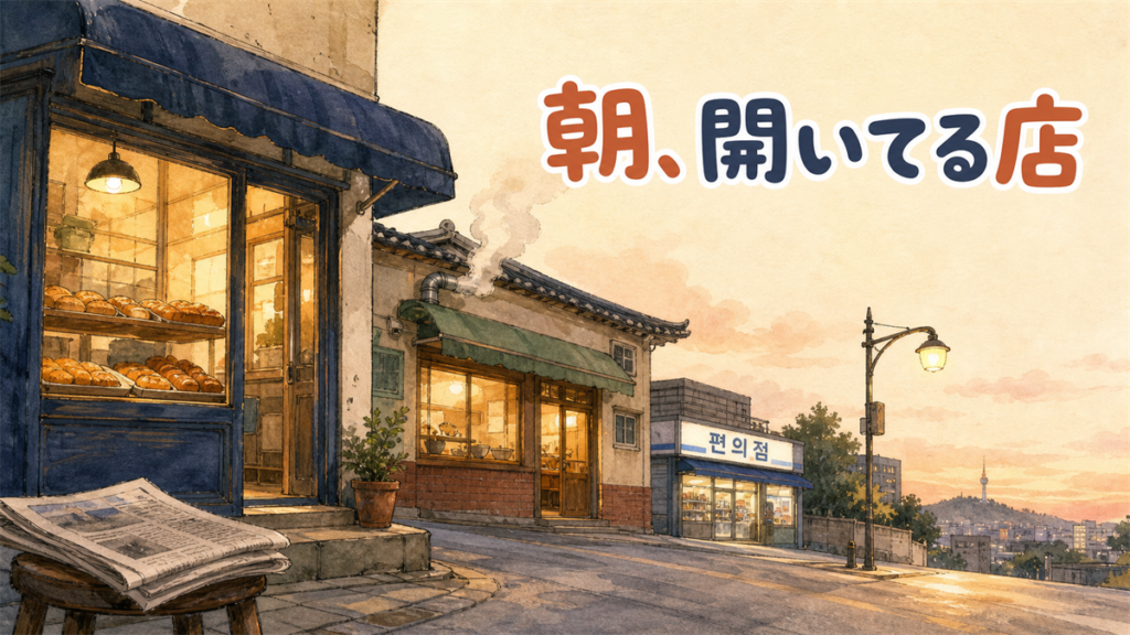 夜明け直後のソウルの通りに、ベーカリー・粥の店・コンビニの3軒が遠近をつけて並ぶイラスト