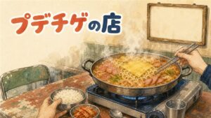 ソウル市内の食堂で湯気の立つプデチゲの鍋を数人で囲んでいる場面