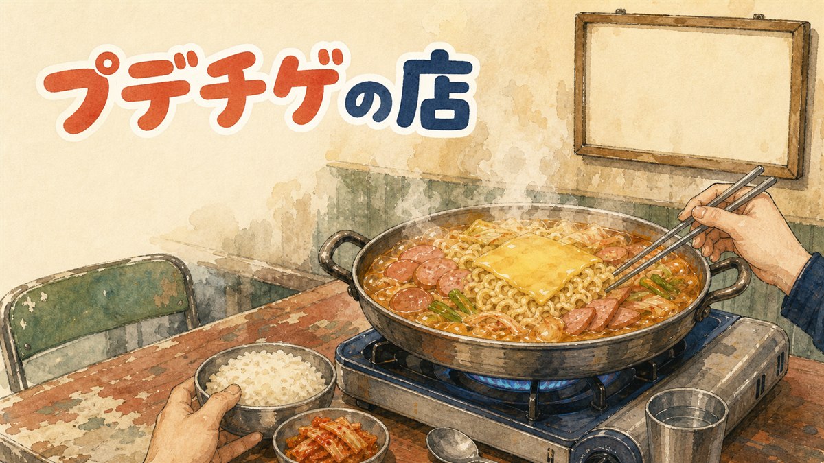 ソウル市内の食堂で湯気の立つプデチゲの鍋を数人で囲んでいる場面