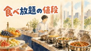 ソウルのホテルビュッフェのライブキッチンとサムギョプサル食べ放題の食卓を並べたイメージ