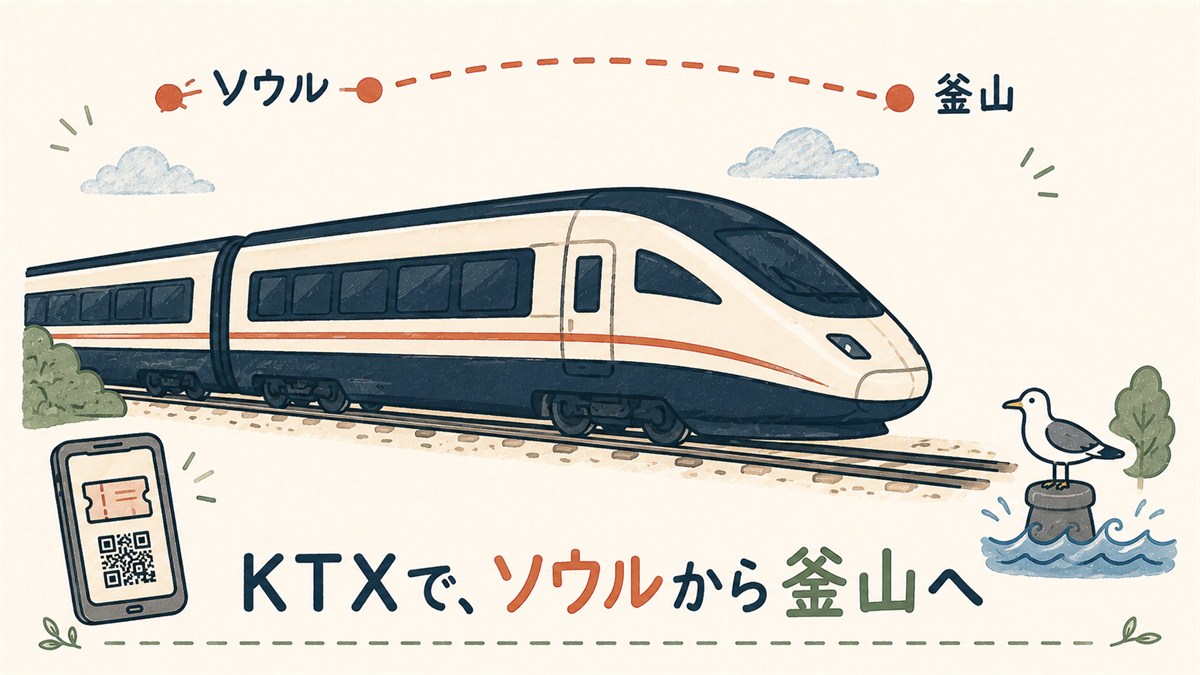 ソウルと釜山を点線で結ぶ路線イメージの下に高速鉄道KTXの車両、スマートフォンのQRチケット画面、カモメを配置したイラスト。「KTXで、ソウルから釜山へ」の文字入り。