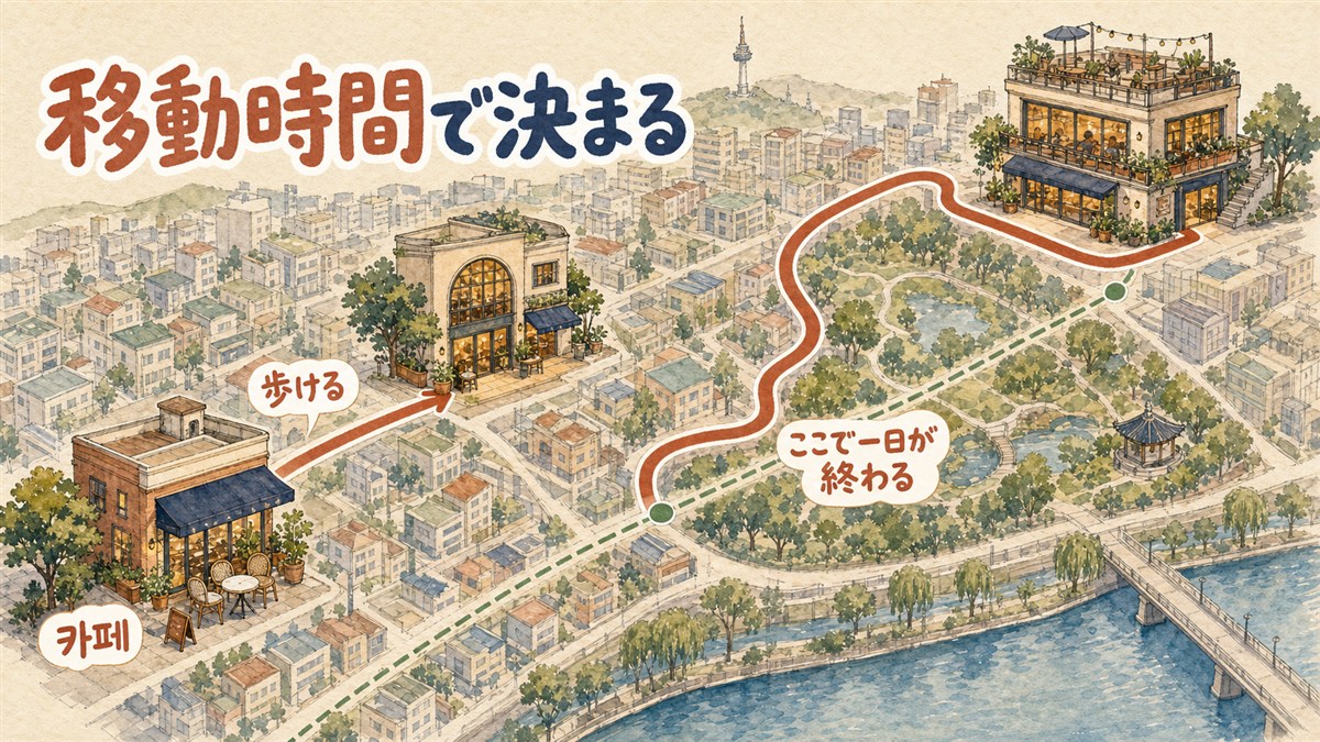 ソウルの街を俯瞰し、3軒のカフェを結ぶ線のうち、1軒目から2軒目は短く、2軒目から3軒目は大きく遠回りになっていることを示した図