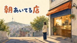 朝早いソウルの通りで灯りをつけて開店準備をするカフェの入り口