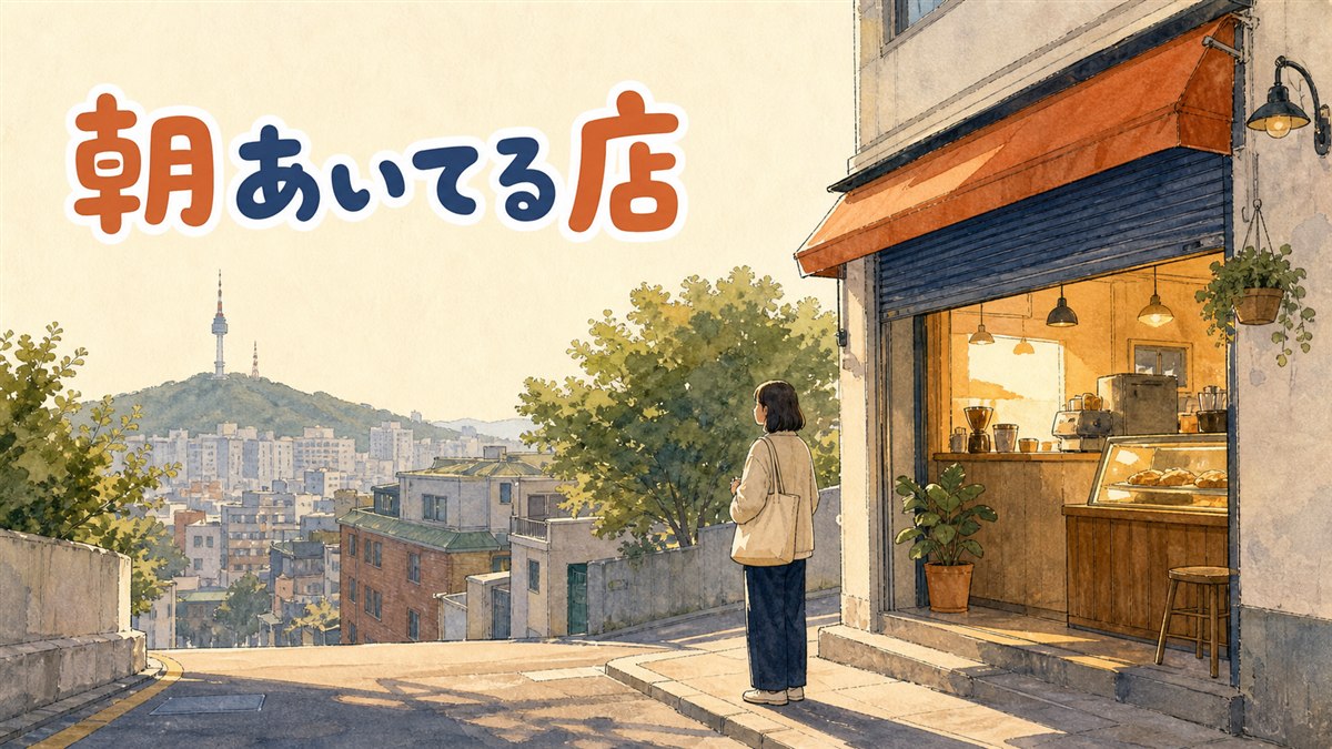 朝早いソウルの通りで灯りをつけて開店準備をするカフェの入り口